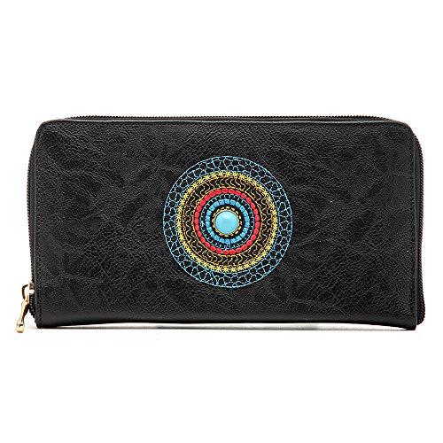 Kit De Bolsa transversal + Carteira Mandala Bordada Nova Delhi Alice Monteiro Cor:Preto