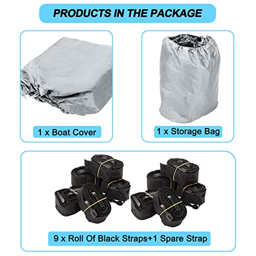 Boat Cover 17-19 Ft Trailerable Heavy Duty 600D Covers Waterproof Marine Grade Oxford Fabric Fits V-Hull Tri-Hull Fishing Ski Pro-Style Bass Runabout Boat, With Strap (Gray) #TOP6
