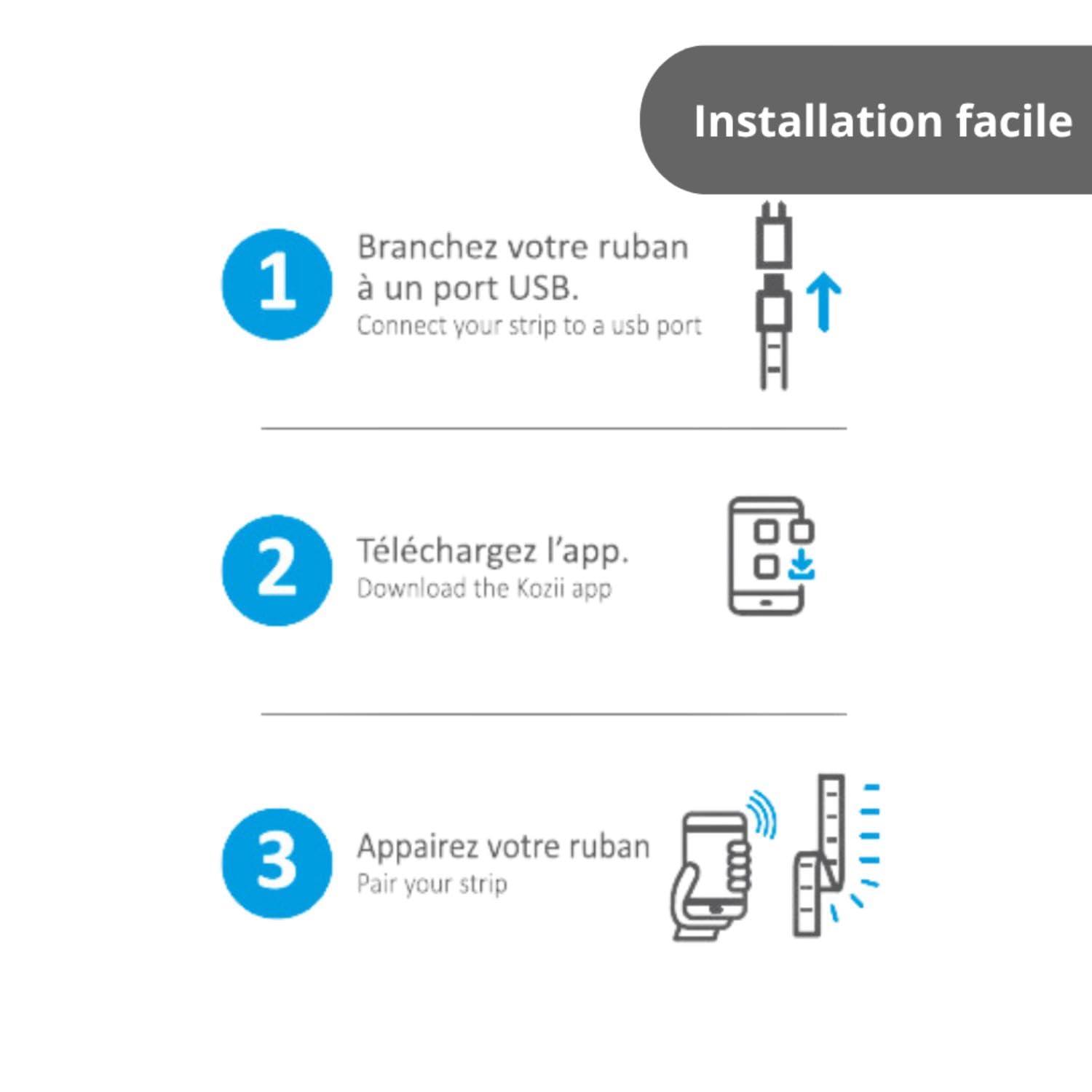 KOZII, Ruban LED Connecté 5m, Blancs et Couleurs, Compatible avec Alexa et Google Home, Luminaire d'Ambiance Intérieur, Télécommande Incluse, Idéal pour Décoration et Éclairage d'Atmosphère