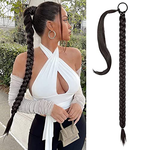 32 Inch Upgraded Long Braid Ponytail Extension With Elastic Tie, Straight Wrap With Braid Ponytail Extension Hair Pieces, Synthetic High Temperature Fluffy Natural Soft Hair Piece For Women Daily Wear #TOP5
