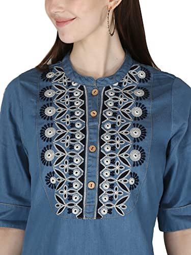 HI-FASHION Embroidered Denim Kurti For Women || Indian Tunic Top Patch Work Denim Straight Kurta For Women's And Girls