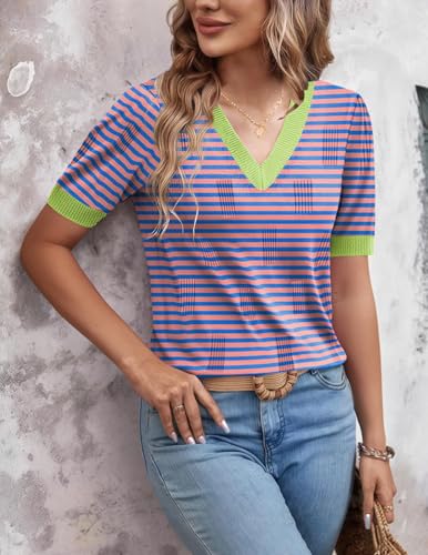 Image of Zeagoo Womens Short Sleeve Sweaters Soft Casual V Neck Pullover Tops Lightweight Knit Sweater Blouse