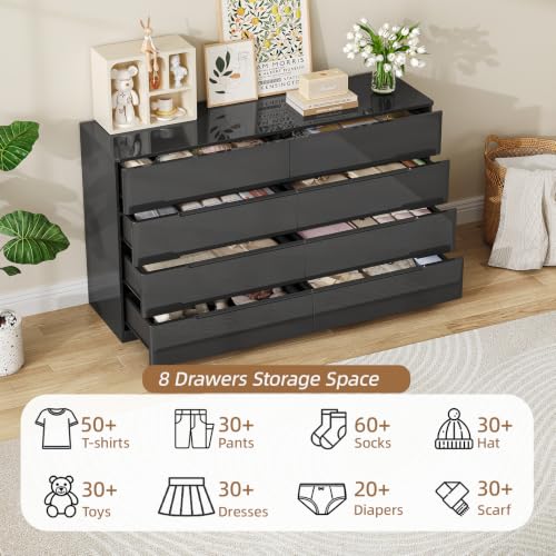 Image of Black Dresser for Bedroom, 47.2 inch Wide 8 Drawer Dresser, Modern High Gloss Dresser Chest of Drawers, Wooden Dressers Organizer for Bedroom, Closet