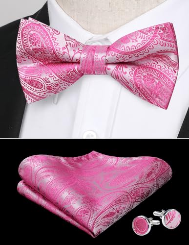 Image of HISDERN Bow Ties for Men Pre-Tied Bow Tie Floral Paisley Handkerchief Classic Formal Bowtie and Pocket Square Cufflinks Set
