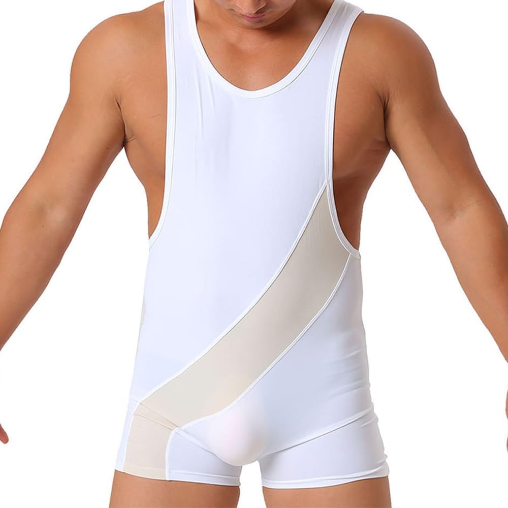 Men Bodysuit Boxers Leotard Patchwork Wrestling Singlet Powerlifting Athletic Supporters Jumpsuit