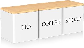 3Pcs Tea Coffee Sugar Canisters Set, Metal Coffee and Sugar Containers with Airtight Bamboo Lids, Stackable Food Storage Jars Decorative Storage Tins Space Saving for Home Kitchen