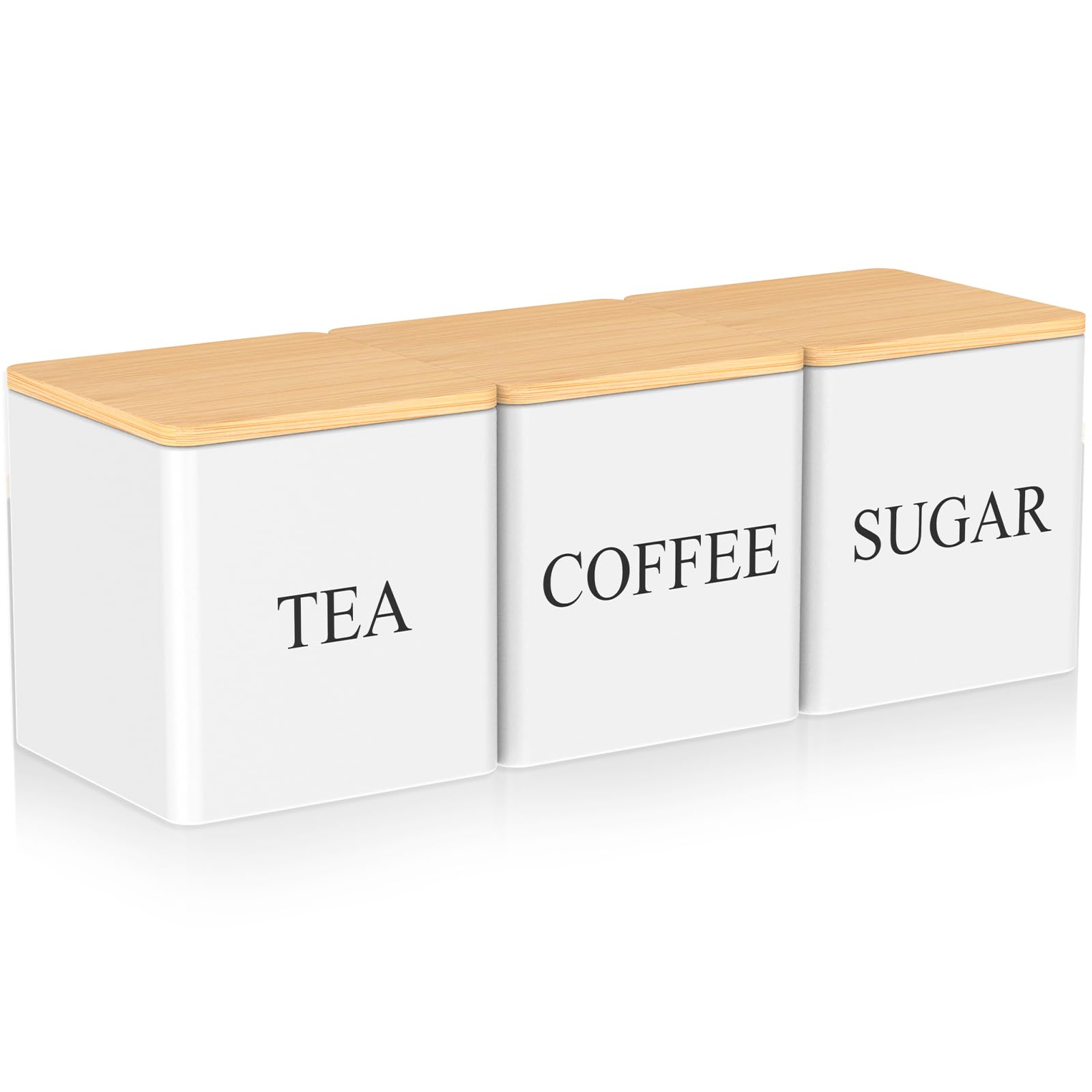 Nzwbshssp White 3Pcs Tea Coffee Sugar Canister Set 500Ml Coffee Tea Sugar Storage Container With Bamboo Lids Sealed Tea Sugar Coffee Jar Set Metal Kitchen Tin Caddy Container For Home Kitchens(White)