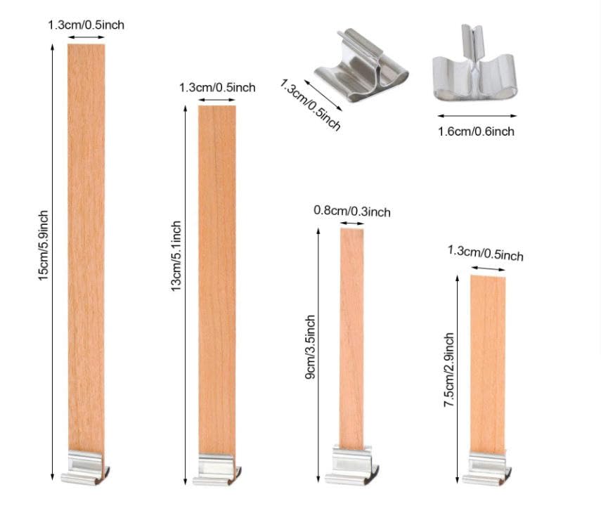100 zestawów 50-150MM Duże knoty drewniane do wyrobu świec z knotami metalowymi Uchwyt na bezdymne świece sojowe Knoty trzaskające(13mm*60mm)