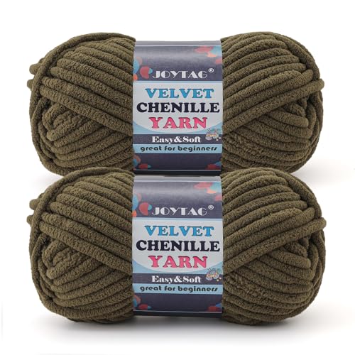 Image of 2 Pack Chunky Chenille Yarn for Crocheting and Knitting Beginners,Thick Bulky Plush Fluffy Velvet Soft Baby Blanket Crochet Chenille Yarn for Crocheting Blankets /Amigurumi /DIY Crafts(Army Green