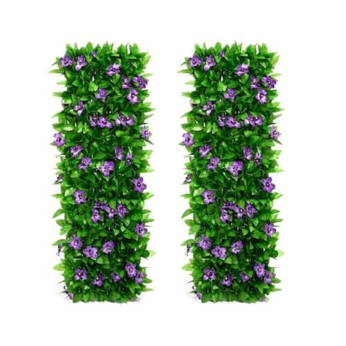2 Garden Trellis Panels, 20 x 40cm Expanding Garden Fence Screening with Violet Flower and Artificial Ivy, Artificial Faux Ivy Privacy Fence Screen for Balcony, Backyard