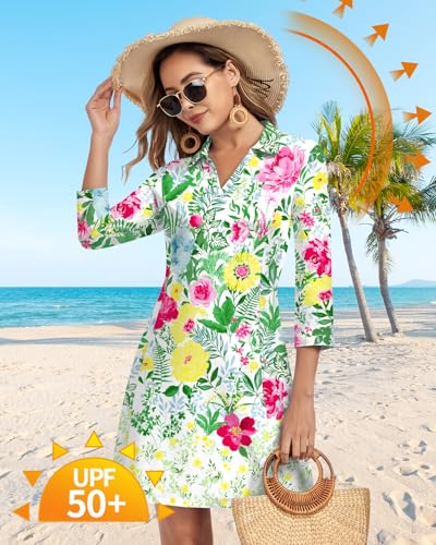 Image of WOWENY 3 /4 Sleeve Dress for Women with Pockets V Neck UPF 50+ Casual Sun Dress Breathable Quick Dry Beach Vacation