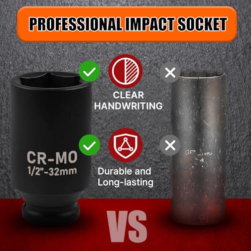Image of 1 /2 inch Drive Deep Impact Socket, 24mm Metric Socket, Axle Nut Socket CR-MO 6 Point for Easy Removal of Axle Shaft Nuts