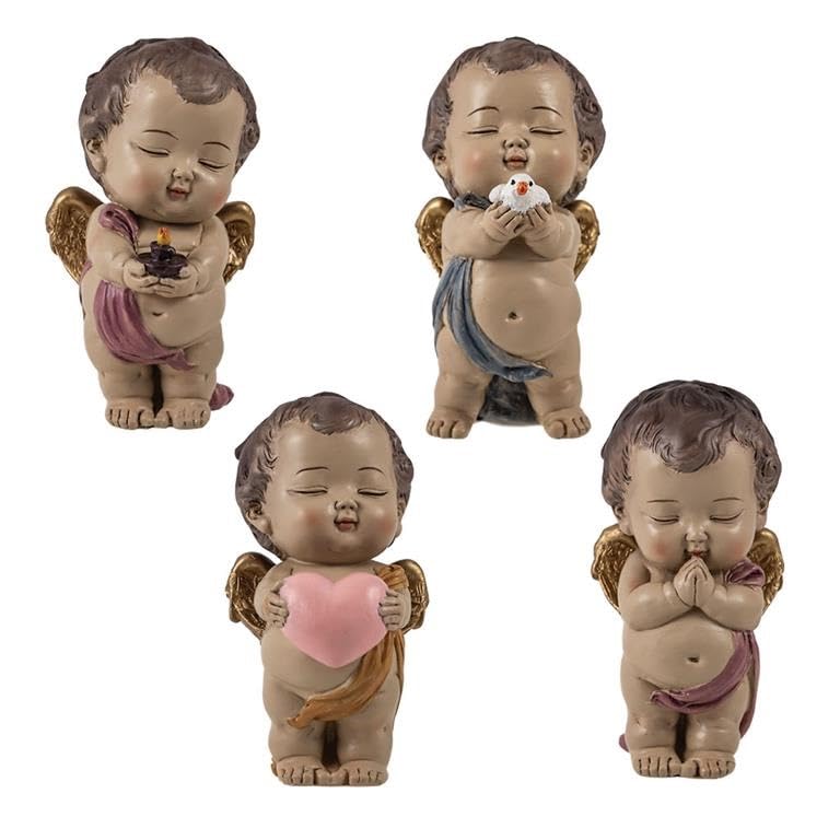 Set de 4 angelitos Infantiles con Ojos Cerrados Corazon, Paloma, Estrella y Rezando de Resina Pintado a Mano 11 cm