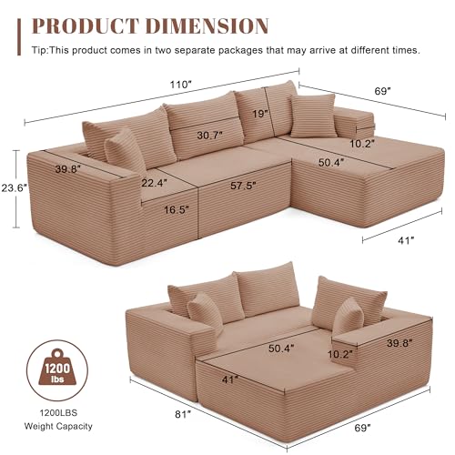 Image of Mangodan 110 inch Cloud Sectional Couch, Boneless Sofa for Living Room, Modular Sectional Sofa with Deep Seat, Comfy Fluffy Couch with L-Shaped Chaise, No Assembly Required (Right-Facing Chaise, Camel)
