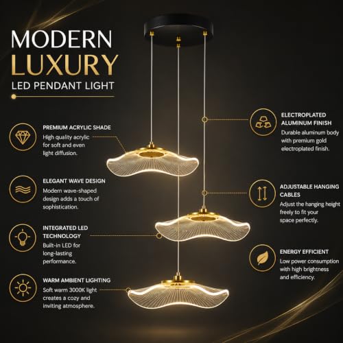 Image of Gesto Modern 3-Light LED Pendant Light for Ceiling, Hanging Chandelier Light Fixture with 3 Color Temperature, Premium Acrylic & Gold Finish, Ceiling Light for Living Room, Dining Table, Bedroom