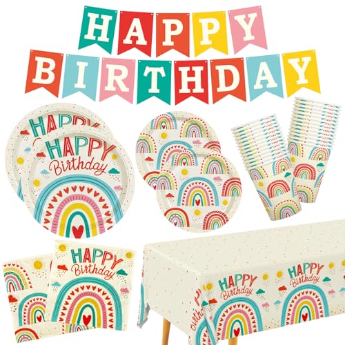Retro Rainbow Themed Happy Birthday Party Supplies Set - Vibrant Disposable Paper Plates, Cups, Napkins, Tablecloth & Birthday Banner - Fun & Colorful Design for Boys/Girls - For 25 Guests