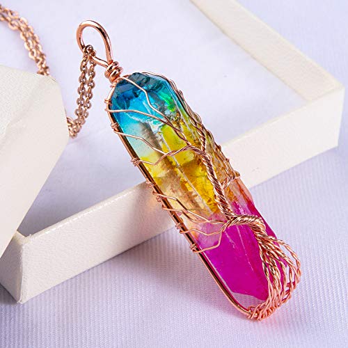 Bivei Tree of Life 7 Chakra Gemstone Copper Wire Wrap Irregular Clear Quartz Point Crystal Pendant Necklace(Rose Gold Plated Titanium Coated Multi Color)