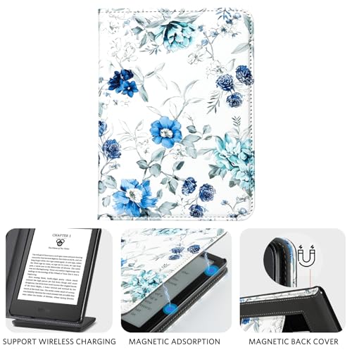 Image of CoBak Case for 6 inch E-Reader - PU Leather Smart Cover with Auto Sleep /Wake & Hand Strap, not Compatible with Kobo Clara,Blue Blossom