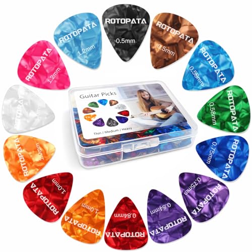 60 Pack Guitar Picks with Organizer Storage Box, 0.5 0.58 0.75 0.84 1.0 1.2mm Includes Thin Medium Heavy Thickness, Variety Colorful Celluloid Plectrums for Bass Electric Acoustic Guitars Ukulele