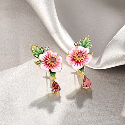 Santuzza Peony Pink Flower Earrings 925 Sterling Silver Garnet Enamel Leaf Floral Dangle Earrings For Women #TOP2