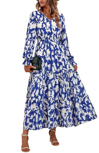 BTFBM Women Fall Dresses 2025 Casual Long Sleeve V Neck Maxi Dresses Floral Boho Long Dress Wedding Guest Dress