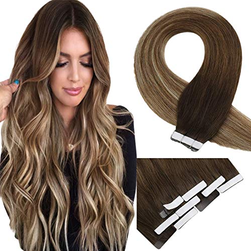 VeSunny Brown Balayage Tape in Hair Extensions Human Hair Dark Brown Balayage Extensions Medium Brown Mixed Medium Blonde Silky Straight Soft Hair Extensions Human Hair Tape in 10pcs 25g/Pack
