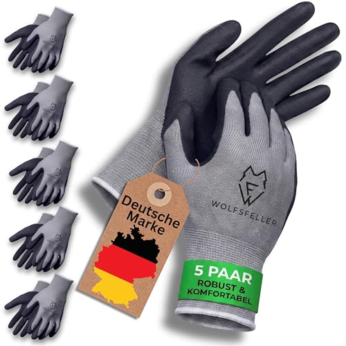 WOLFSFELLER Premium Arbeitshandschuhe Herren Gr 10 | 5 Paar robuste & komfortable Arbeitshandschuhe Damen | Montage-Handschuhe mit langlebiger Nitril-Beschichtung