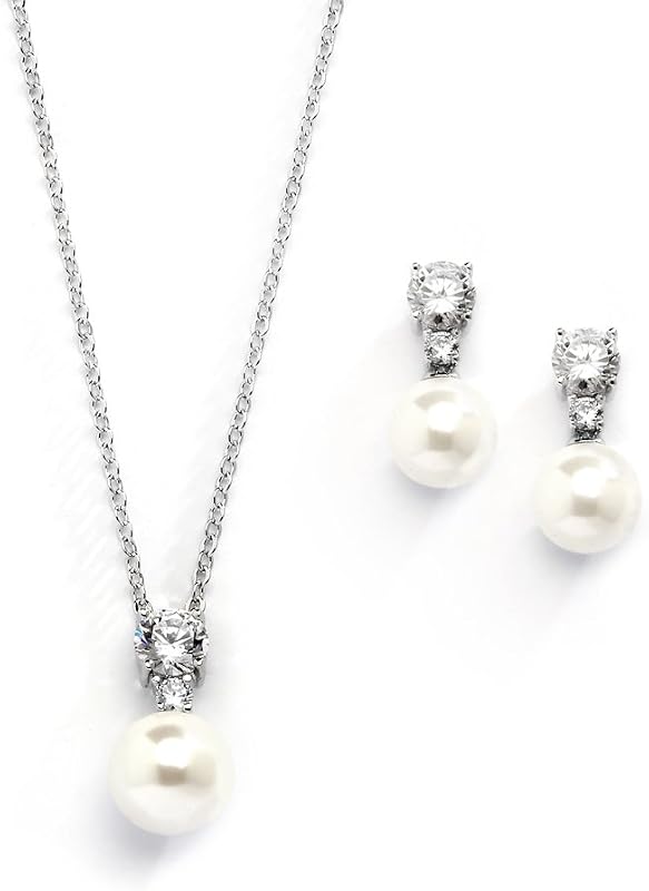 Mariell Pearl Wedding Necklace Earrings Set with CZ Crystal, Jewelry for Brides, Bridesmaid, Mother's Day