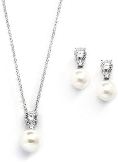 Mariell Cubic Zirconia & Ivory Pearl Wedding Necklace and Earrings Jewelry Set for Bridesmaids & Brides
