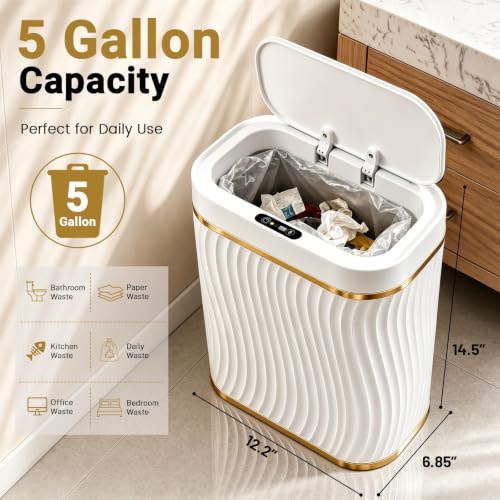 Image of Ogikey Bathroom Trash Can with Automatic Touchless Lid, 5 Gallon Smart Garbage Can Narrow Waterproof Trash Bin for Bedroom, Office, Living Room (5 Gallon-White)