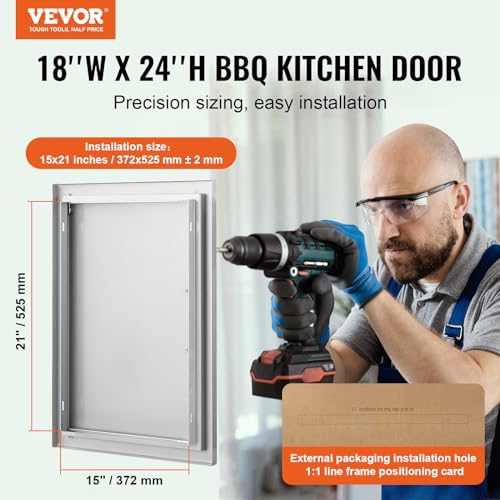 Image of VEVOR BBQ Access Door, 18W x 24H Inch Single Outdoor Kitchen, Stainless Steel Flush Mount, Wall Vertical With Handle, for BBQ Island, Grilling Station, Outside Cabinet