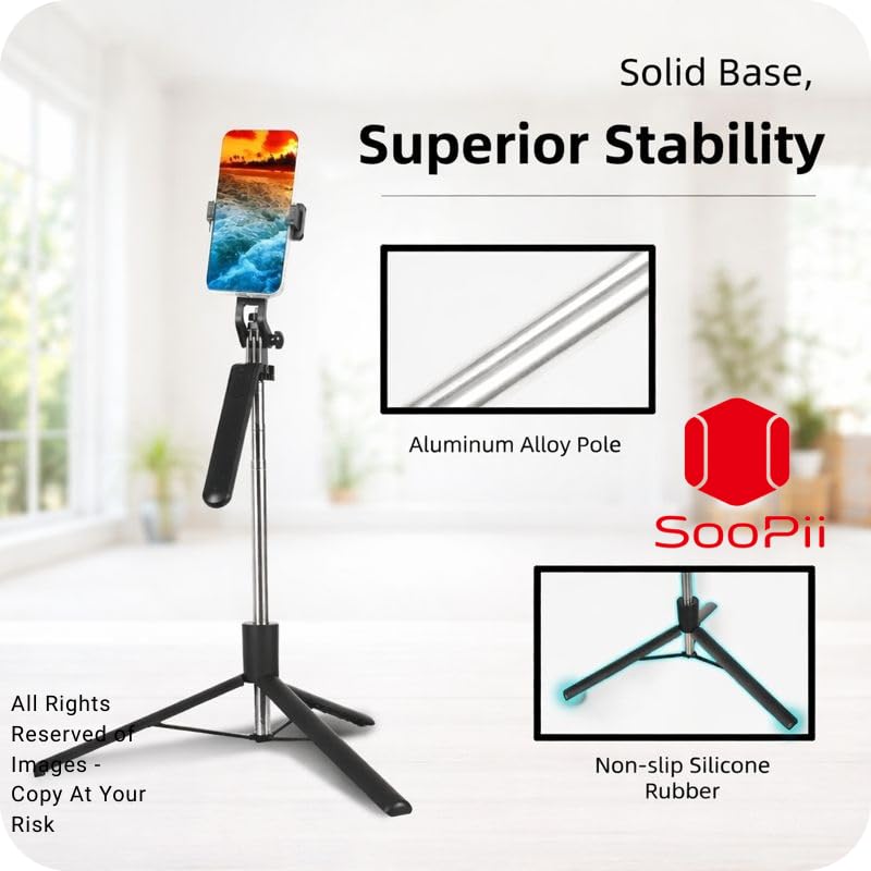 Image of SooPii All in one Bluetooth Selfie Stick with Tripod Stand | Foldable & Extendable | Wireless Remote | Lightweight Portable Selfie Stick for Android & iPhone | Vlogging, Travel, Video Shooting