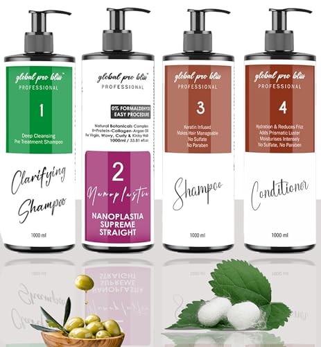 Global Pro Bliss Supreme Straight Nanoplastia Treatment kit- 1000ml | pack of 4 | Repairs & Strengthens Hair | Protein Keratin | Clarifying Shampoo | Sulfate Free Shampoo & Conditioner (Pack of 4-1000ml)
