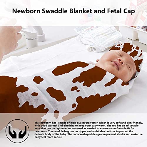 Image of Brown Cow Print Newborn Swaddle Blankets with Hat Sets,Newborn Receiving Blanket for Boy Girl,Swaddle Sack Shower One Size