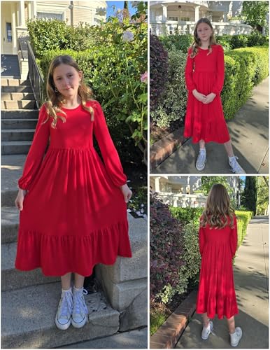 Image of Arshiner Girls Maxi Dresses Lantern Long Sleeve Casual Holiday Dress with Pockets for 5-14 Y