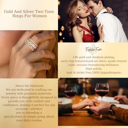 Stackable Rings for Women Non Tarnish 18K Gold and Silver Plated CZ Rings Set Mixed Metal Statement Ring for Engagement Wedding Birthday Gifts3