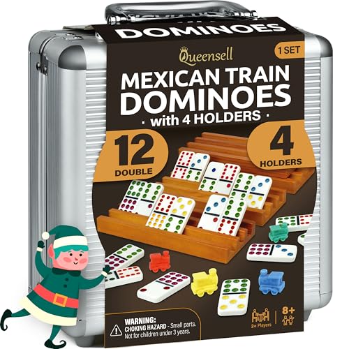Mexican Train Dominoes Set with 4 Holders - Dominoes Double 12 with Wooden Hub and Tiles Holders - Double 12 Dominos Set for Family Game Night for Adults and Kids Ages 8 and up (D12 + 4 Holders)