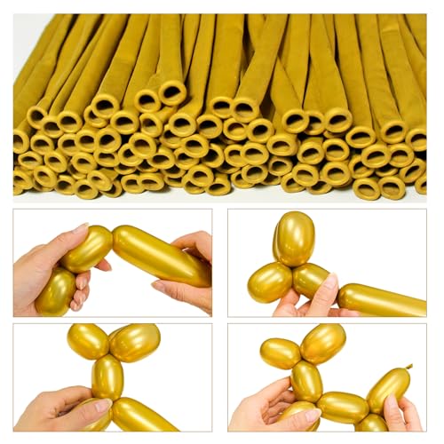 Image of LXZFCRG 260 Long Balloons, Shiny Metallic Latex Twisting Balloon for Balloon Animals, Magic Balloons for Birthdays Wedding Party Decorations 100pcs (Metallic Gold)