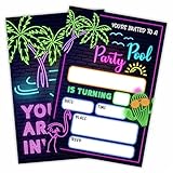 Pool Party Birthday Invites, Neon Tropical Beach! 20 Invite Cards With Envelopes - Double - Sided Fill In Style Invitation For Boys & Girls -Party Favors And Decorations - B02