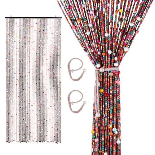 SWAWIS 200x90cm Cortina de Perlas para Puerta Colorido, Cortina de Bambú para Puerta con Correas Ajustables, 52 Hileras de Cuentas, Estilo Bohemio, para Decoración y Control de Insectos