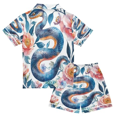 Satin Pajama Sets Short Sleeve Watercolor Floral Snakes Button Down Silky Nightwear 2 Piece PJS 5-14Y2