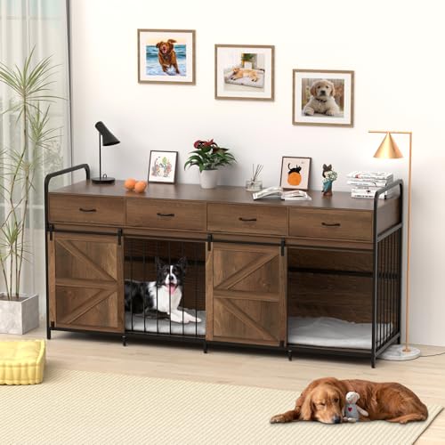 787-Extra-Large-Dog-Crate-Furniture-Double-Dog-Kennel-for-2-Large-Dogs-Heavy-Duty-Wood-Dog-Crate-Wide-Table-TV-Stand-with-Sliding-Doors-Divider-4-Space-Storage-for-Dog-Necesities-Rustic-Oak 787 Extra Large Dog Crate Furniture Double Dog Kennel for 2 Large Dogs Heavy Duty Wood Dog Crate Wide Table TV Stand with Sliding Doors Divider 4 Space Storage for Dog Necesities Rustic Oak