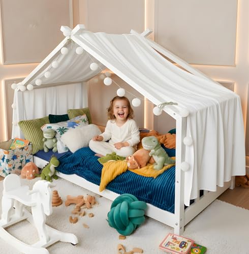 ALAVYA HOME® Juego decorativo 360 cm, cortinas 110 x 360 cm, para camas 90 x 200 y 120 x 200 cm, 100% muselina orgánica