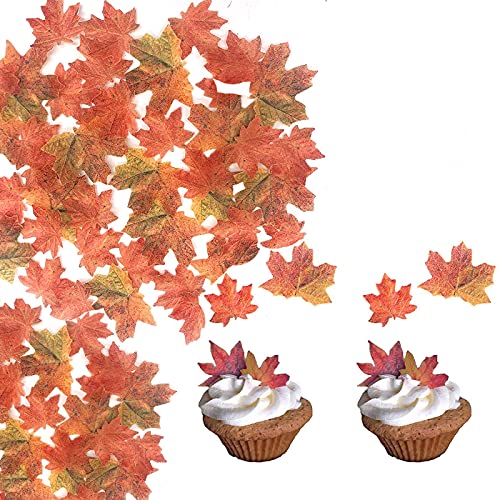 36 pcs Edible Fall Leaves Gold Leaf Cake topper maple leaves cake fall Decorations,edible gold leaf cupcake topper fall sprinkles for autumn party supplies