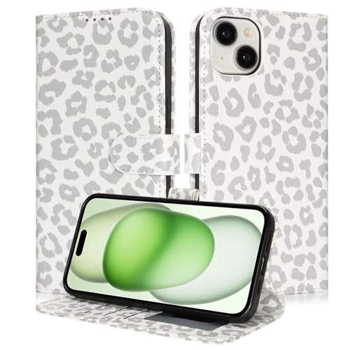 Image of for iPhone 15 Plus Case Wallet with Card Holder,for iPhone 14 Plus Wallet Case for Women Men,PU Leather Shockproof Magnetic Buckle Stand Flip Phone Case-White Leopard