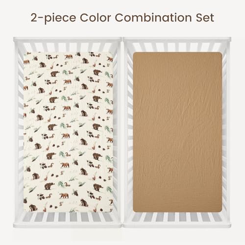 Image of david's kids Muslin Crib Sheets for Boys, 2 Pack 100% Cotton Soft Breathable Fitted Baby Sheet Set, Standard 52 inchx28 inch Crib and Toddler Mattress, Woodland Animal