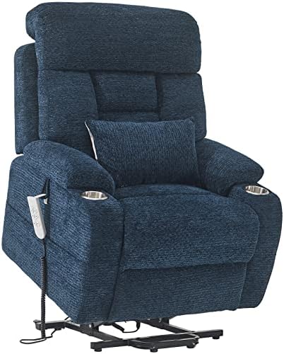 Creatuis Power Lift Chair with Three OKIN Motor Electric Lift Recliner Chair for Elderly with Lumbar Support Lays Flat Chairs with Cup Holder and Side Pocket Chenille(Dark Blue)