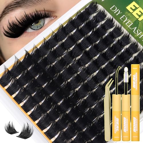 Volume Lash Clusters Kit Spiky Individual Lashes Thick Cluster Eyelash Extensions Kit D Curly Lash Extension with Spikes Lash Bond and Seal Tweezers 10-16mm Mink Eyelash Clusters Kit by Eefofnn