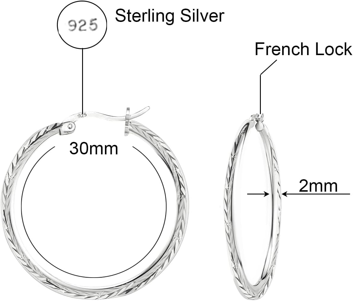 Savlano 925 Sterling Silver 2MM Diamond Cut Round Hoop Earrings for Women Comes in 25MM-40MM with a Gift Box-Made in Italy - Image 3