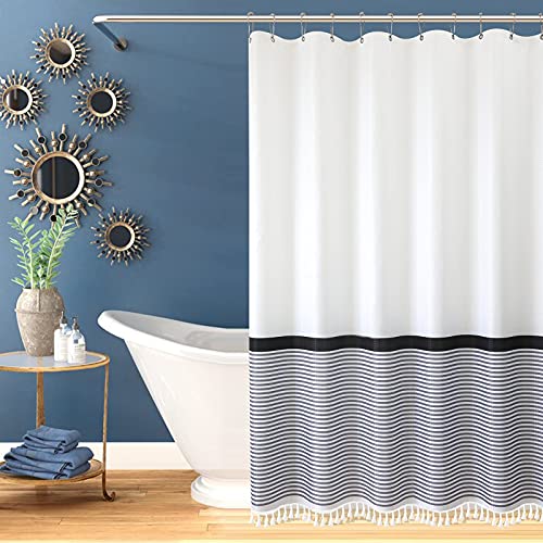 Shower Curtain Set With 12 Hooks Grey Striped Fabric Shower Curtains For Bathroom Modern Farmhouse Tassel Fringe Gray Boho Waffle Shower Curtain Washable Water Repellent Black Grey 72X72 Inch #TOP7